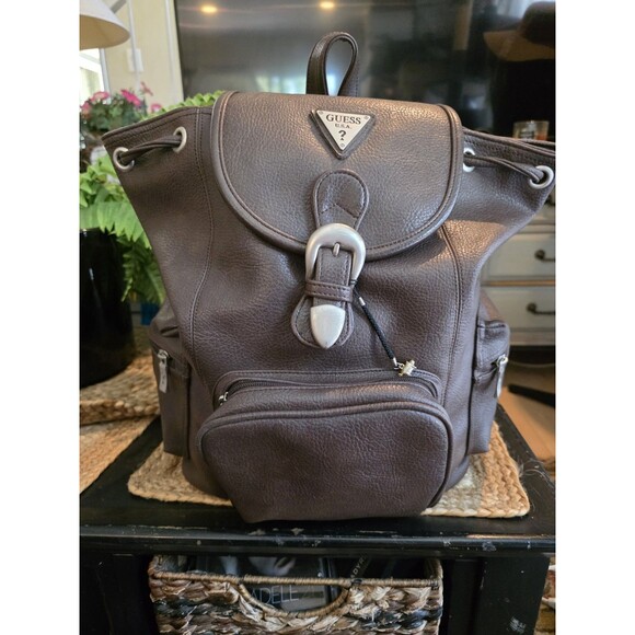 Guess USA Leather Brown Backpack Vintage Buckle Y2k Long Drawstring - Picture 1 of 9
